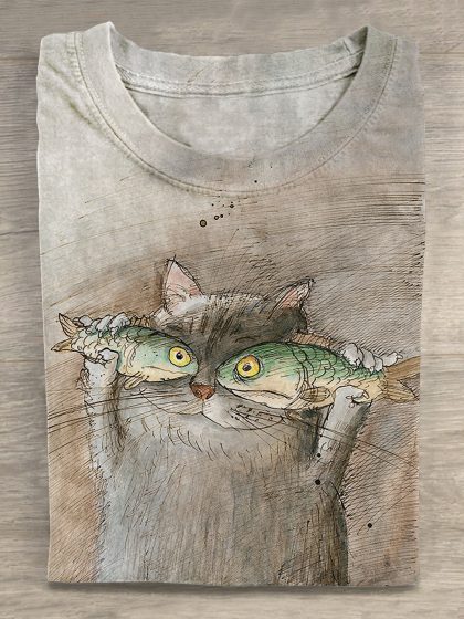 Vintage Cute Cat Fish Art Print T-shirt